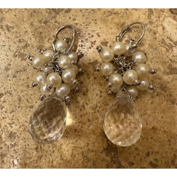 Elegant Vintage Sterling Crystal & Pearl Cluster Earrings Set With Vintage Green - Picture 4 of 5
